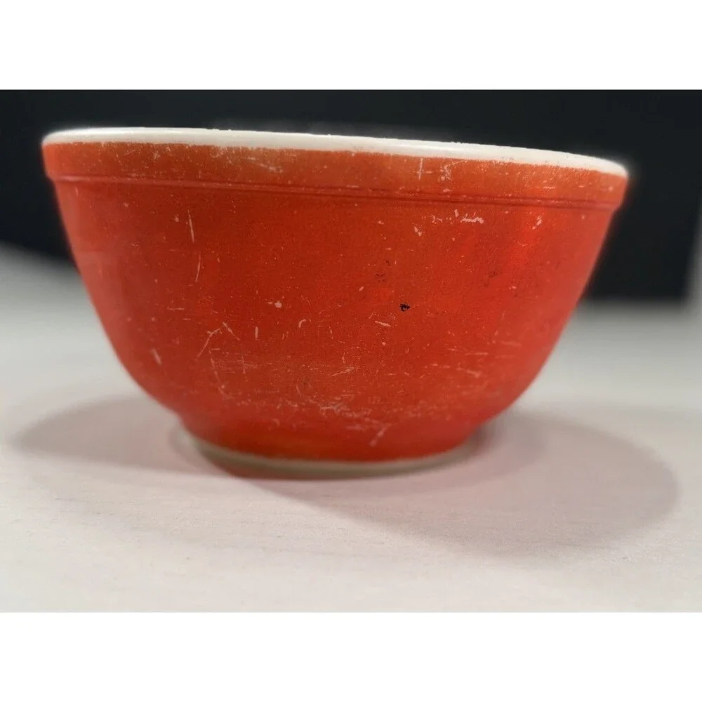 Pyrex Original Solid Glass Bowl Red/White 4in Round Glossy